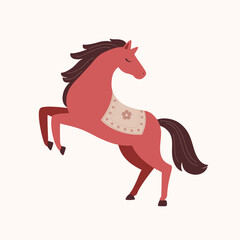 A red horse rearing up dynamically, flat style hand drawn illustration