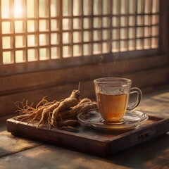 따뜻한 햇살이 비치는 아침, 신선한 인삼과 약초로 우려낸 한방차가 담긴 찻잔