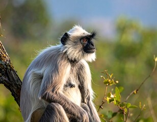 Obraz premium A gray langur monkey with black face and eyes, perched on a branch, looking off
