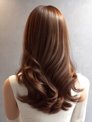 Naklejka premium This image shows long brown wavy hair with smooth texture, presenting an elegant and charming appearance from the back.
