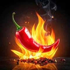 Keuken achterwand Hete pepers A single red chili pepper surrounded by flames and smoke, resting on a bed of peppercorns  © berkah