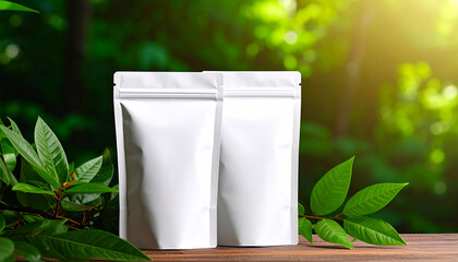 Packaging pouch mockup set against a natural leaf background, illustrating an eco showcase concept