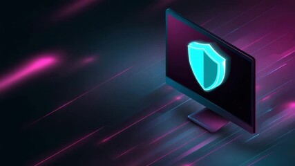 Computer shield protection security digital technology neon glowing cyber data network safety screen futuristic blue pink dark background icon internet firewall online defense monitor display - Powered by Adobe