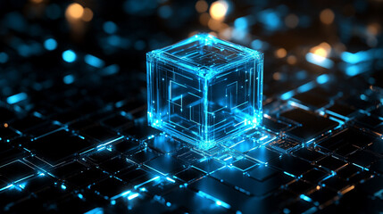 Transparent cube hovers above a glowing digital grid terrain, hyperrealistic. Evokes futuristic technology, virtual landscapes, precision, and the intersection of geometry with digital innovation and 