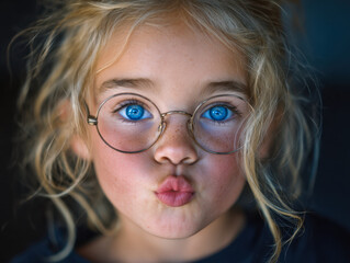 Adorable young girl with bright blue eyes and curly blonde hair wearing round glasses making a playful kissy face expression against dark background