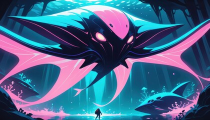 n illustration painting. Deep-sea diver approaches a massive glowing manta-like creature in a surreal underwater world