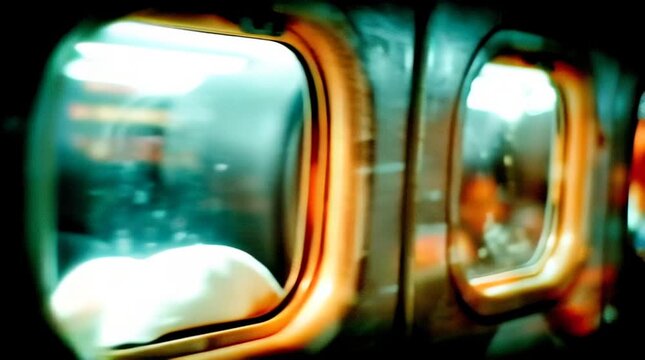 Abstract view of passengers through train windows at night