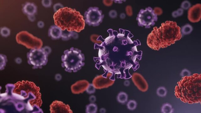 "Digital illustration of virus-like particles and red bacteria on dark background&mdash;highlighting microbiology, infectious disease, and pathogen structure."