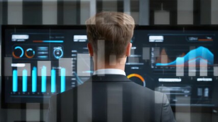 Businessman analyzing data digital screen charts graphs technology interface professional suit focused analytics financial statistics business growth insights futuristic presentation corporate modern - Powered by Adobe