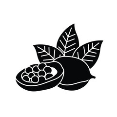 Papaya fruit slice and whole fruit with leaves hand drawn silhouette style isolated silhouette