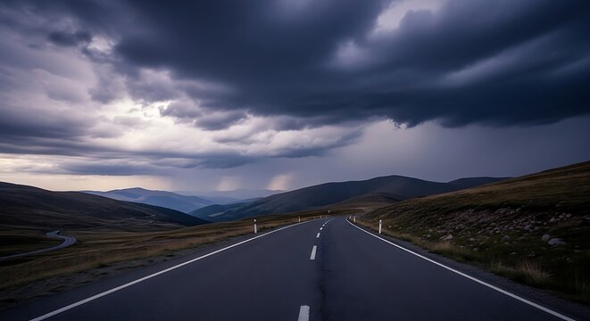Winding mountain road under dramatic stormy sky heavy rain clouds desolate landscape moody atmosphere scenic drive