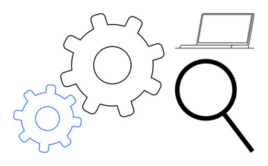 Two interlocked gears, a laptop, and a magnifying glass symbolizing engineering, technology, research, productivity, analysis, business solutions and innovation. Ideal for concept strategy