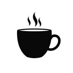 Simple silhouette of a steaming coffee cup with handle and hot beverage steam wisps silhouette