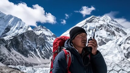 Mountaineer in cold-weather gear communicating with a two-way radio on a high-altitude glacier, surrounded by majestic snow-capped peaks and a clear blue sky, highlighting remote adventure
