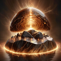 Mystical orb hovers above glowing rocks emitting radiant energy and lightning effects in a dark, dramatic environment