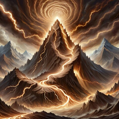 Dramatic mountain landscape with glowing energy flowing through peaks and a swirling vortex of light above