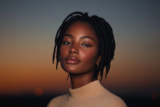 Soft glow of sunset highlights serene expression and natural bea
