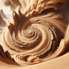 Powerful sand vortex swirls through rocky desert landscape, creating a dramatic natural phenomenon with swirling sand and dust.