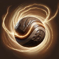 Mysterious orb with swirling golden energy vortex and textured surface suggesting cosmic power or ancient artifact