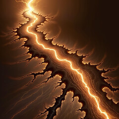 Abstract fiery energy current flowing through a dark, textured, fractal landscape with glowing edges, evoking power and intensity.