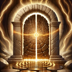 Ancient stone portal with radiating golden light and electric energy streams, evoking mystery and power.