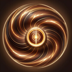 Abstract golden orb with swirling brown and gold metallic ribbons and glowing center, symbolizing energy and innovation