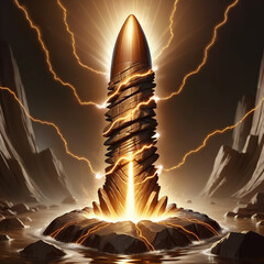 Mysterious ancient stone structure emits powerful golden energy and lightning in a dark, rocky landscape with water
