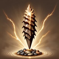 Mystical gemstone shard crackling with golden lightning energy, resting on a bed of stones