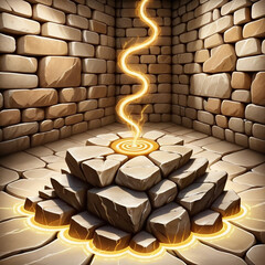 Ancient stone chamber with glowing energy vortex emanating from a central altar, symbolizing power and mystery.