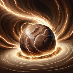 Cosmic vortex with a glowing planet surrounded by electrical energy and swirling brown matter, representing powerful forces and celestial phenomena.