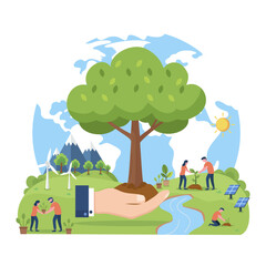People engaging in environmental conservation activities around a large tree and the globe, symbolizing ecology, nature protection, and sustainable lifestyle concepts