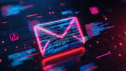 Glowing neon email icon with digital code and warning alert on keyboard symbolizing cybersecurity threat and data protection in futuristic style for secure cyber communication and data transfer - Powered by Adobe
