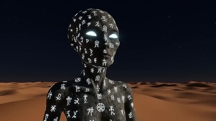 Mysterious Alien Figure with Glowing Eyes in Desert Landscape.
