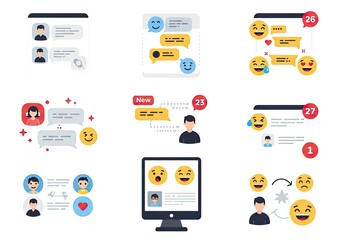Modern digital communication concept with emoji reactions and messaging bubbles depicting online conversations and social interactions