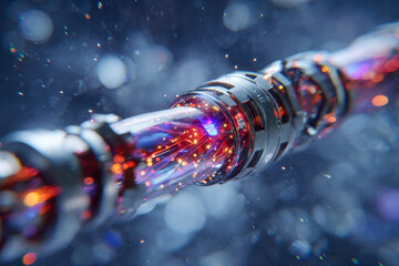 Futuristic glowing fiber optic cable transmitting vibrant data signals through transparent segments in a high-tech digital environment with blue bokeh background