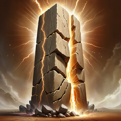 Massive stone pillar cracked open with brilliant golden energy bursting forth, surrounded by dramatic lightning and a hazy sky.