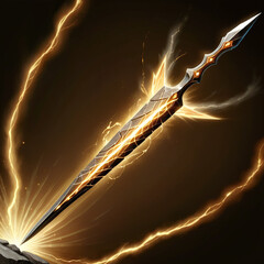 Mysterious glowing sword erupts with golden lightning and energy, creating a powerful fantasy weapon concept against a dark backdrop.