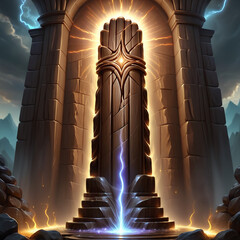 Ancient mystical stone monolith glowing brightly with energy and lightning strikes within a grand stone archway, epic fantasy setting