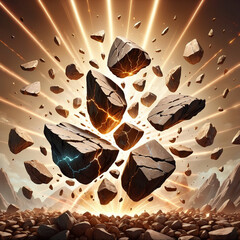 Powerful explosion of rocks and debris with bright energy beams radiating outwards, creating a dramatic and dynamic scene.