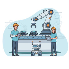 Two engineers, a man and a woman, operating and programming a robotic arm and machine on an assembly line with a small delivery robot in a modern factory setting