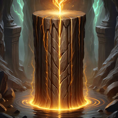 Mystical ancient wooden pillar glowing with bright orange energy in a dark, cavernous environment with water and lightning