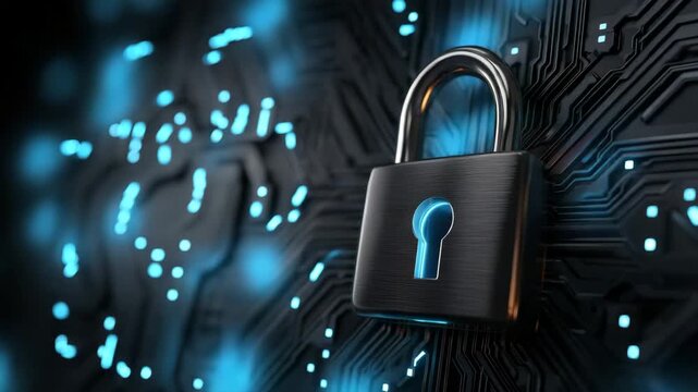 Cybersecurity digital technology protection featuring glowing circuit board and metal padlock with digital lock and glowing keyhole symbolizing secure data protection and advanced security technology - Powered by Adobe