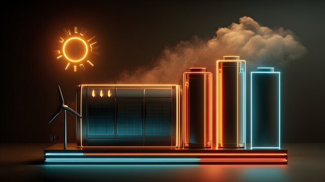 Futuristic Energy Storage System with Solar, Wind, and Neon Battery Icons
