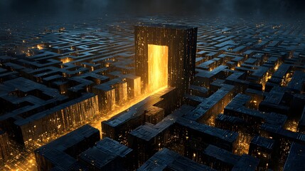Giant Glowing Monolith Doorway in Dark Digital Maze Solution Concept
