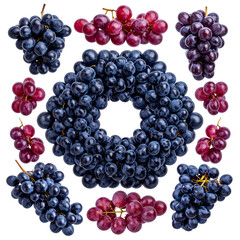 Grapes arrangement a central wreath of dark grapes with scattered bunches of red