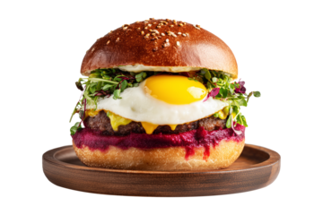 Kiwi burger with fried egg, beet spread, cheddar, beef patty and greens on sesame bun, isolated on white transparent background, New Zealand cuisine