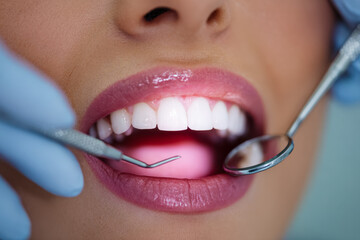 Woman undergoing dental checkup with professional oral examination tools revealing clean white teeth and healthy gums during routine dentist visit