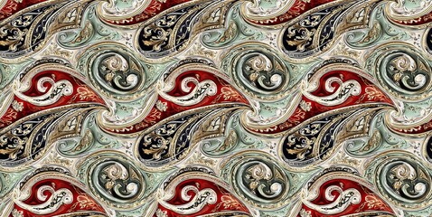 Seamless paisley pattern featuring intricate floral swirls in rich jewel tones of ruby, emerald, and sapphire for luxurious textile design