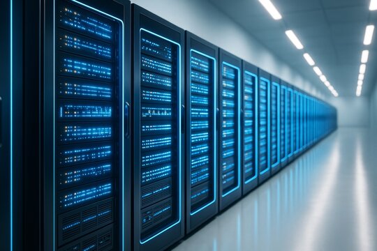 Futuristic server room with glowing blue lights and endless data racks in a clean, modern corridor background. Ai generative. Ai generative