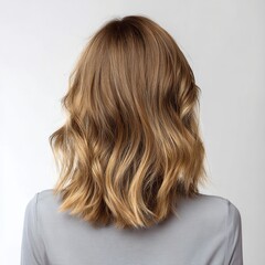 Fototapeta premium Back view of a woman with wavy brown hair showcasing a trendy and elegant hairstyle.